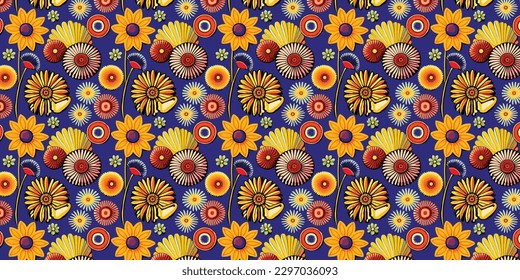 Beach cheerful seamless pattern wallpaper of leaves and flower background. Vector illustration of a seamless textile and fashionable colorful tropical floral pattern.