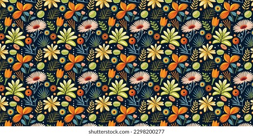 Beach cheerful seamless pattern wallpaper of leaves and flower background. Vector illustration of a seamless textile and fashionable colorful tropical floral pattern.