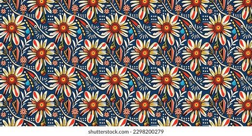 Beach cheerful seamless pattern wallpaper of leaves and flower background. Vector illustration of a seamless textile and fashionable colorful tropical floral pattern.