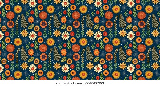 Beach cheerful seamless pattern wallpaper of leaves and flower background. Vector illustration of a seamless textile and fashionable colorful tropical floral pattern.