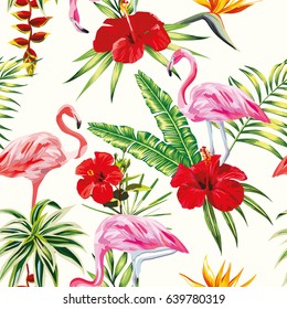 Beach cheerful seamless pattern of wallpaper from tropical green leaves of palm and flowers hibiscus cactus and birds pink flamingo on light yellow background