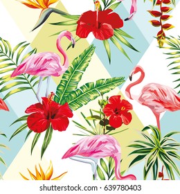 Beach cheerful seamless pattern of wallpaper from tropical green leaves of palm and flowers hibiscus cactus and birds pink flamingo on multicolor patchwork background