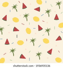 Beach cheerful, summer background with watermelon, Coconut tree, Lemon.