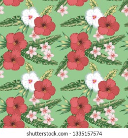 Beach cheerful wallpaper red, white hibiscus and plumeria (frangipani) tropical palm leaves seamless vector pattern on the green background