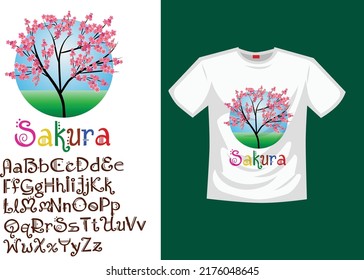 Beach and cherry blossom background, go green concept typography for t-shirt design