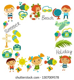 Beach And Children. Summer Vacation. Ocean, Sea. Cartoon Kids Swimming.