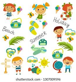 Beach and children. Summer vacation. Ocean, sea. Cartoon kids swimming.