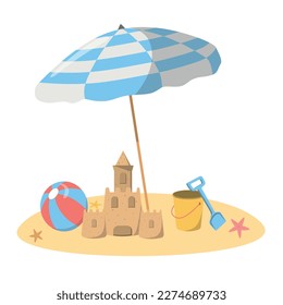 Beach children vacation illustration with a shovel, bucket, sand castle, ball, and parasol. Isolated on white background. Template for banner, poster, greeting card, etc