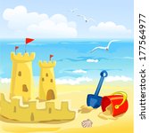 beach with children's toys and sandcastles. vector illustration