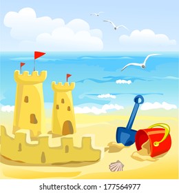 beach with children's toys and sandcastles. vector illustration