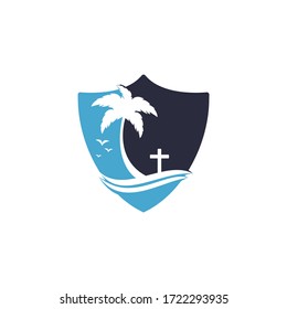 Beach Church Logo Design. Christian church cross beach vector logo design.