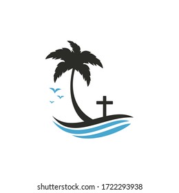 Beach Church Logo Design. Christian church cross beach vector logo design.