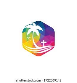 Beach Church Logo Design. Christian church cross beach vector logo design.