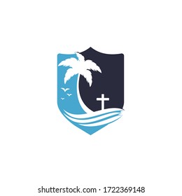 Beach Church Logo Design. Christian church cross beach vector logo design.