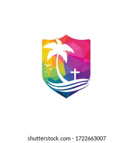 Beach Church Logo Design. Christian church cross beach vector logo design.