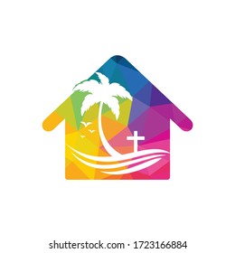 Beach Church Logo Design. Christian church cross beach vector logo design.