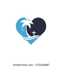 Beach Church Logo Design. Christian church cross beach vector logo design.