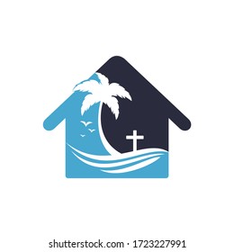 Beach Church Logo Design. Christian church cross beach vector logo design.