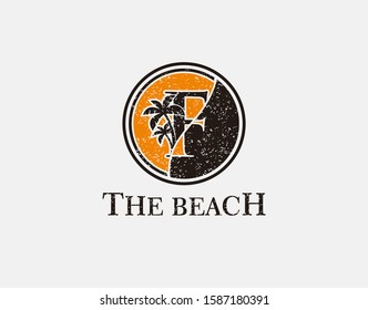 The Beach. Circle F Letter With Palm Tree with Retro Style, Initial F Vintage Design