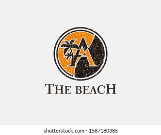The Beach. Circle A Letter With Palm Tree with Retro Style, Initial A Vintage Design