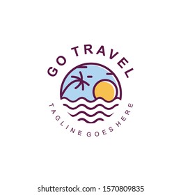 
the beach circle logo with waves and coconut trees at sunset. logo icon template background
