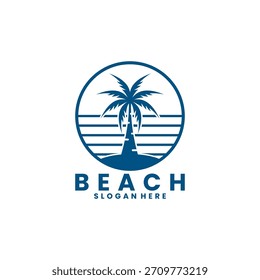 Strand mit Kreis und Handfläche Logo Design Vektor. Design-Vektorvorlage für Strandlogo