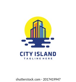 Plantilla de diseño del logo del edificio de la ciudad de la playa aislado en fondo blanco
