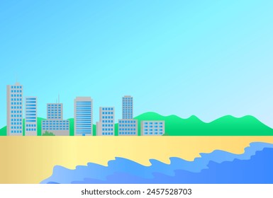 Beach with city building skyscraper, vector summer background
