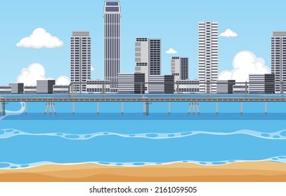 Beach city at daytime scene illustration