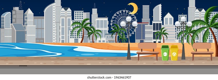 Beach city park horizontal scene at night time illustration