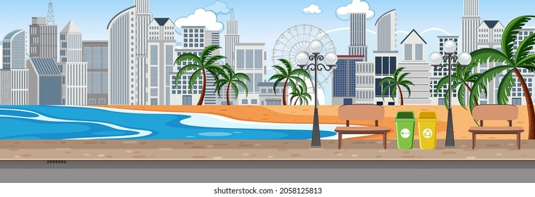Beach city park horizontal scene at day time illustration
