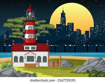 Beach city view with lighthouse illustration