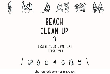 Beach Clean Up Flyer With Stick Figures Trash Collecting. Concept Of Save The Planet. Icon Motif For Environmental Earth Day Volunteer Invitation, Eco Community Cleaning & Recycling. Vector Eps 10