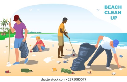 Beach clean up. Group of men and women with garbage bags collecting trash on shoreline. People care about nature and environment. Eco activists cleaning shore. Cartoon flat vector illustration