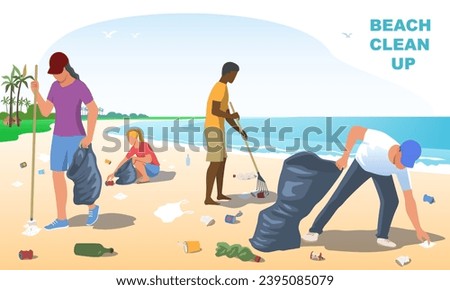 Beach clean up. Group of men and women with garbage bags collecting trash on shoreline. People care about nature and environment. Eco activists cleaning shore. Cartoon flat vector illustration