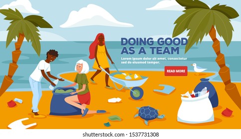 Beach Cleaning Banner Template, Site  Illustration. Group Of Young People Cleaning Waterfront From Plastic Garbage. A Group Of Volunteers People Clean Up Trash. Ecology And Environment Concept.