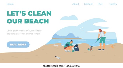 Beach Cleaning Event Web Banner Template With People Characters, Flat Vector Illustration. Landing Page Or Webpage Mockup For Volunteer Ecological Organization.