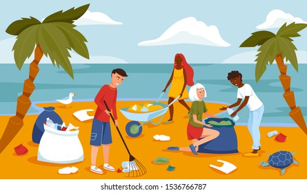 Beach Cleaning Flat Vector Illustration. Group Of Young People Cleaning Waterfront From Plastic Garbage. A Group Of Volunteers People Clean Up Trash. Ecology And Environment Concept.