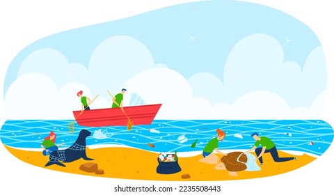 Beach cleaning river, nature pollution garbage, bottle plastic collection cleaning, design, cartoon style vector illustration.