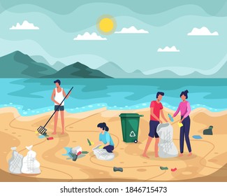 Strandreinigung, Vektorgrafik. Menschen sammeln Müll in Taschen am Strand. Junge Leute, die Plastikmüll am Wasser aufräumen. Freiwillige beseitigen Müll an der Meeresküste. Vektorgrafik im Flachstil