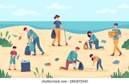 Beach Cleaning. Volunteers Protect Sea Coast From Pollution. People Picking Up Trash From Beaches. Environmental Protection Illustration. Garbage Trash And Cleaning Beach, Ecological Outdoor