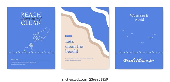 Beach cleanup background set. Volunteering eco cleaning. Picking up garbage banner. Coastal pollution poster, Plastic ocean. Trendy hand drawn doodle style. Flat design line vector illustration.