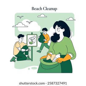 Beach Cleanup concept. This illustration portrays individuals participating in an environmental initiative to clean up a beach area. It highlights community involvement, ecological awareness, and the