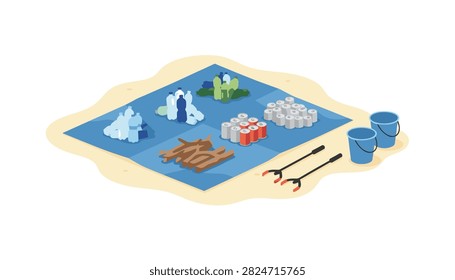 Beach cleanup event scene shows assorted waste materials like plastic bottles, metal cans, and driftwood sorted on a blue tarp near the sea.