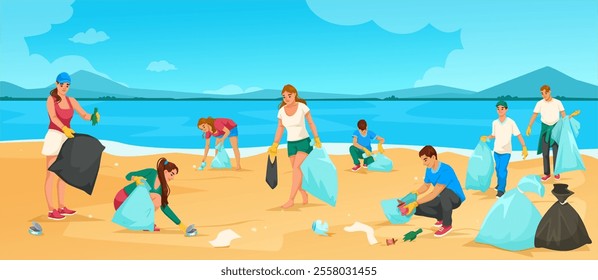 Beach cleanup event with volunteers collecting trash. Vector illustration