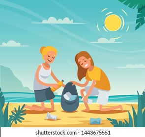 Beach cleanup flat composition with volunteers collecting washed up rubbish bottles drinking beakers plastic junk vector illustration 