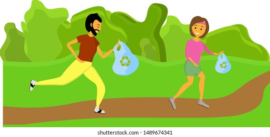 Beach cleanup flat composition with volunteers collecting washed up rubbish bottles drinking beakers plastic junk vector illustration