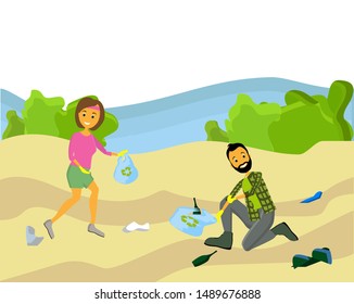Beach cleanup flat composition with volunteers collecting washed up rubbish bottles drinking beakers plastic junk vector illustration