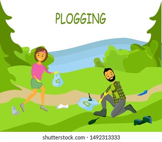 Beach cleanup flat composition with volunteers collecting washed up rubbish bottles drinking beakers plastic junk vector illustration