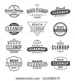 Beach cleanup label design set - collection of typographic emblems for seaside cleaning